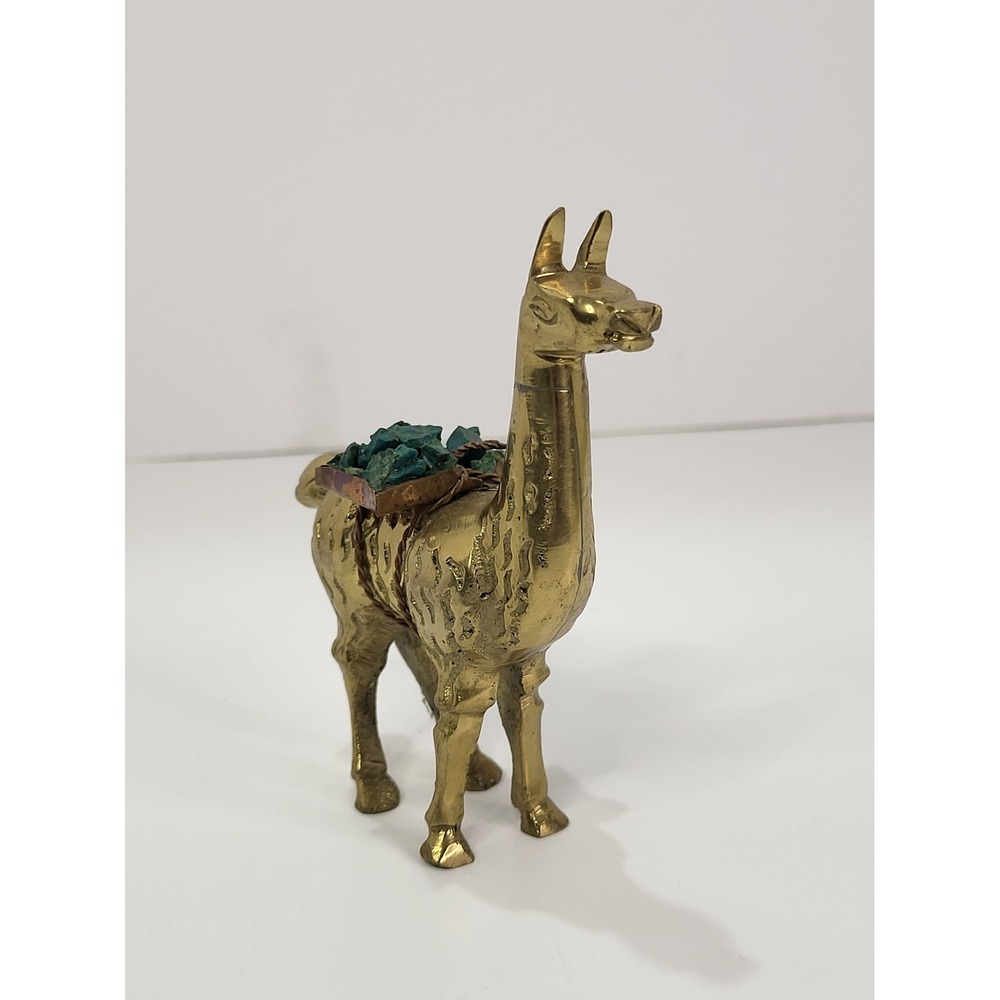 Vintage Peruvian Brass Llama Figurine with Raw Turquoise Stone Pack Saddle 4"
